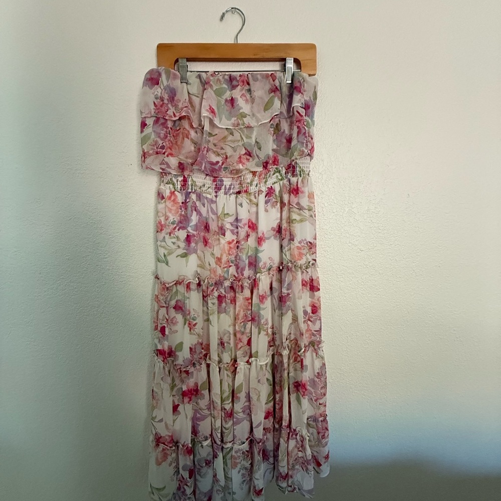STATE Floral Off-Shoulder Dress in Pink and Green